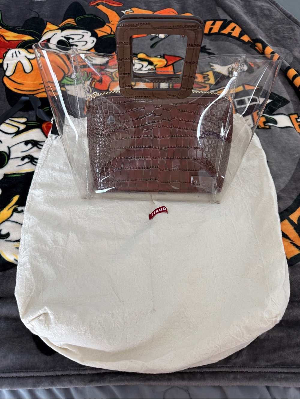 STAUD Brown Croc-Embossed Pouch with Clear Tote